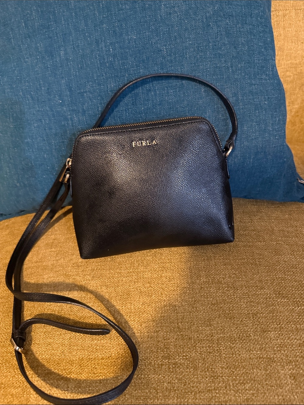 Furla Black Textured Leather Italian  Crossbody Bag with Gold Logo